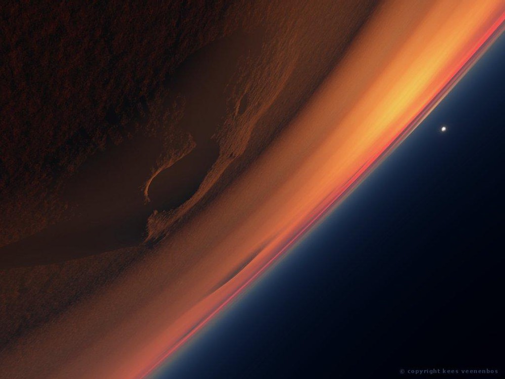 1 Planet Mars Art by Veenenbos: Tharsis Tholus

The Tharsis Tholus during a sand storm seen ‘upside down’.  The volcanoes of the Tharsis Montes peeking above the sand storm. Image Credit: Data: NASA/ Art: Kees Veenenbos, www.space4case.com