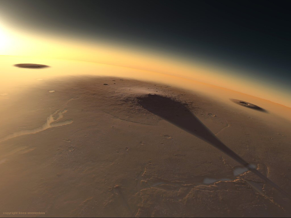 11 Planet Mars Art by Veenenbos: Elysium Mons sunrise

An image made for the Madrid Planetarium exhibition about Mars. At left the Hecates Tholus and at the right the Albor Thorus. Image Credit: Data: NASA/ Art: Kees Veenenbos, www.space4case.com