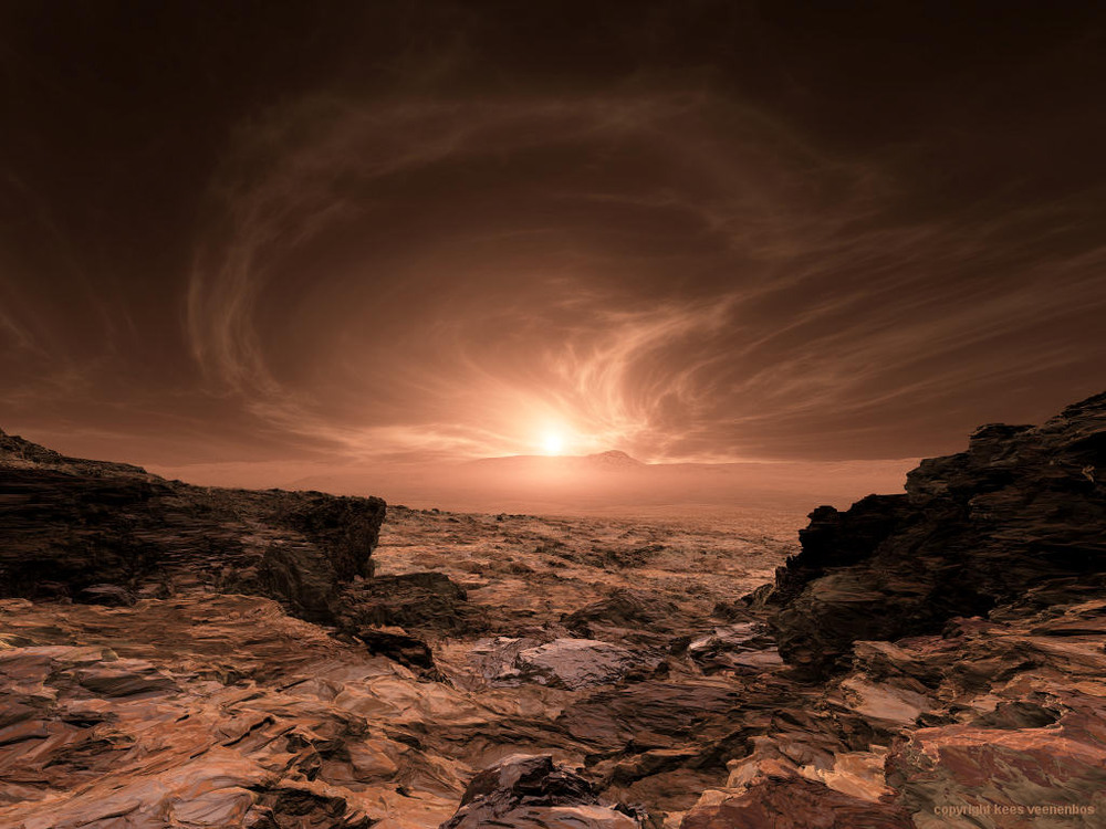 18 Planet Mars Art by Veenenbos: Gale Crater southern ridge

Strange cloud above a gulley leading to the Gale Crater. The cone of the crater can be spotted just below the sun. View NE. Image Credit: Data: NASA/ Art: Kees Veenenbos, www.space4case.com