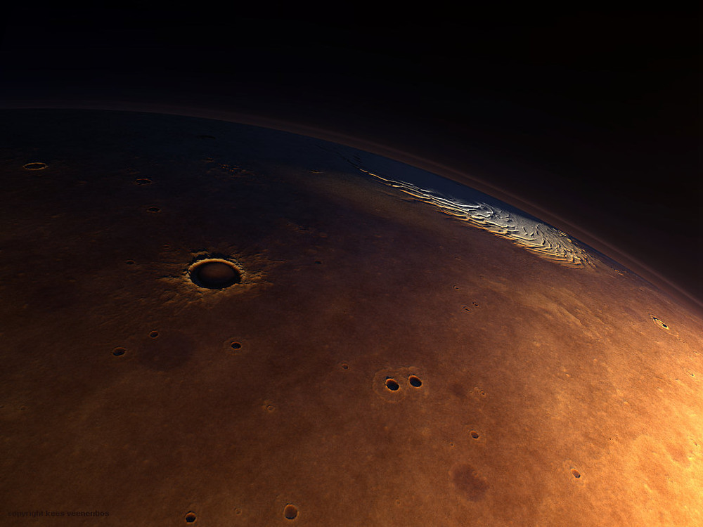 25 Planet Mars Art by Veenenbos: Northpole and Vastitas Borealis

At left one of the larger craters that have a name: the Korolev Crater (about 85 km (53 mi) in diameter ). Image Credit: Data: NASA/ Art: Kees Veenenbos, www.space4case.com