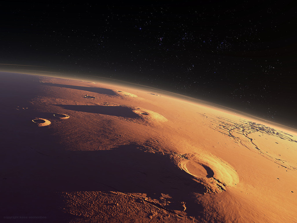 27 Planet Mars Art by Veenenbos: Tharsis Montes

Arsia Mons, Pavonis Mons and Ascraeus Mons. View is southwest to northeast. At the left Biblis Patera (left) and Ulysses Patera. Image Credit: Data: NASA/ Art: Kees Veenenbos, www.space4case.com