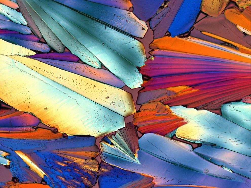 28 Hard Drink. Photograph by Bernardo Cesare.
A polarized-light photomicrograph reveals a crystallized drop of Aperol, a brand of bitter liquor that lends its orange color to the popular Italian aperitif spritz.