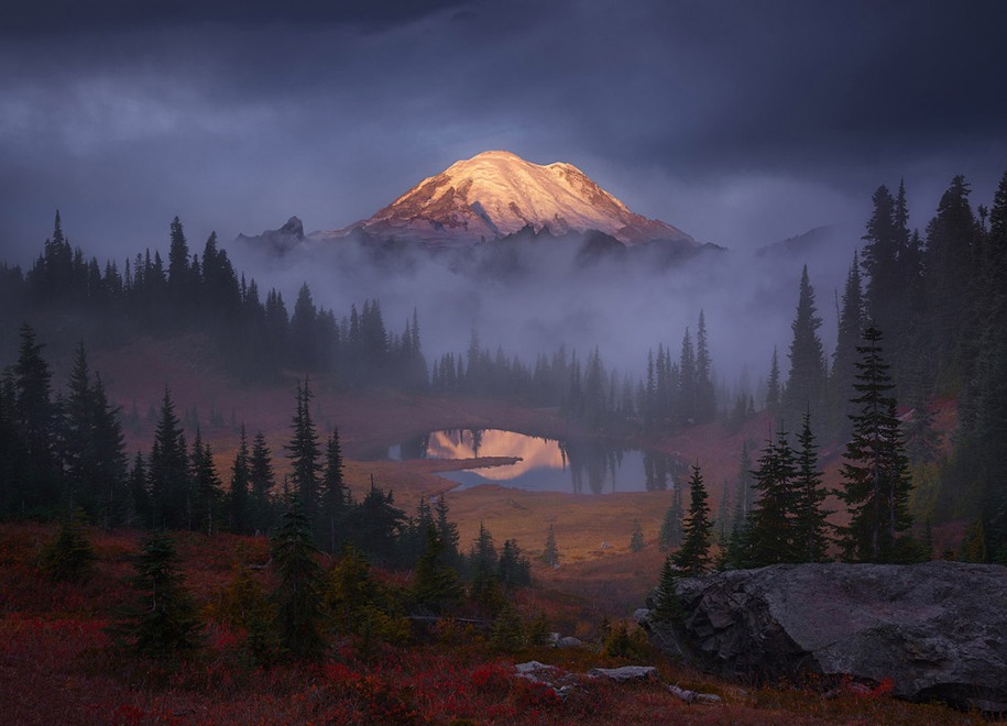 1 Overall Adult Winner: Alex Noriega – Sunrise light illuminates Mount Rainier as it rises above low clouds, seen from high above Tipsoo Lake, Washington.