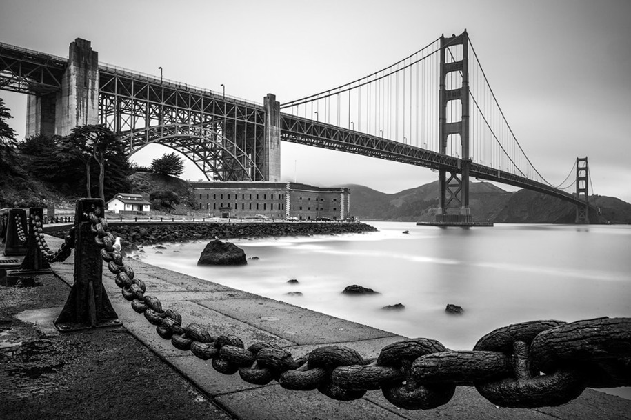 6 Winner, Urban category (Youth): Kyle Wolfe – The Golden Gate Bridge as seen from Fort Point in San Francisco. "I was instantly drawn to the rustic old chain stretching across the perimeter of the walkway. I immediately knew I wanted to incorporate it into my composition, so I walked the length of it in search of the perfect perspective. Eventually I found this section that perfectly framed the wave-battered rocks, and drew the eye into the picture towards the Golden Gate Bridge. I used a 30-second shutter speed to smooth out the water and give the breaking waves a foggy appearance."