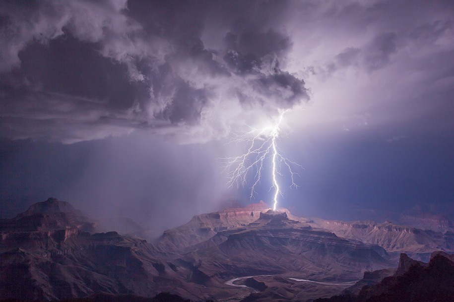 16 Winner, Classic View category: James Menzies – Main Strike, Grand Canyon National Park. "For many years I have been traveling to Arizona for storm chasing for two weeks in the season. I'd failed to obtain any real lightning at the Grand Canyon, which has been a goal of mine for years. This year however, on my birthday, I got more than I could ever hope for. This storm was incredible. As it started rolling over the North Rim, it let loose with one of the most prolific lightning displays I have ever seen. The sound of the thunder rolling through the canyon was truly unique and my only regret from that night was that I didn't break out my video camera. I know, kicking myself. But after an hour and a half of constant lightning and then the bolt from the top of the storm that landed a few hundred yards from where I was standing, that was my signal to return to the car. My best birthday ever."