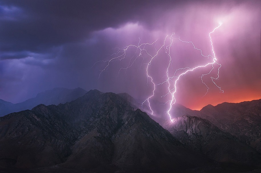 20 Runner-Up, My USA category: Michael Shainblum – Thunder Mountain. "During the passing of a very active storm, I was lucky enough to capture the bolts striking the edge of the Eastern Sierra Mountains near Olancha, California."