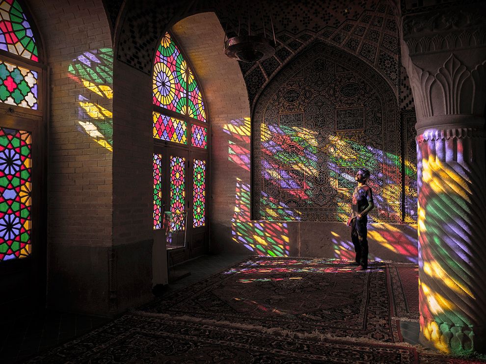 9 Rays of Color. Photograph by Miguel Quental. Nasir al-Mulk, a traditional mosque in Shiraz, Iran, is known as the Pink Mosque for the use of pink tiles throughout its interior. Your Shot member Miguel Quental came across a moment splashed with much more than pink in this early morning shot in the mosque. “I went early in the morning so I could capture the natural light in its splendor,” Quental writes. “When I got inside I knew that [it] was a very special place; the colors and the energy flowing can make anyone feel [at] peace.”
