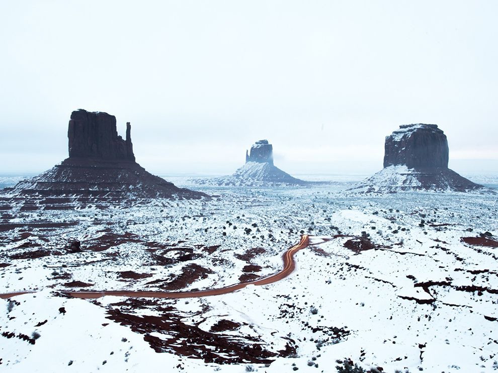 20 Valley Dusting. Photograph by Tyler Lekki. At the end of a four-week road trip, Your Shot member Tyler Lekki ran into some bad luck: a flat tire. He stayed the night in a local hotel in Monument Valley National Park in Utah, and his fortunes turned around when he was able to capture this sunrise shot of the park’s towering sandstone buttes after a light coating of snow.