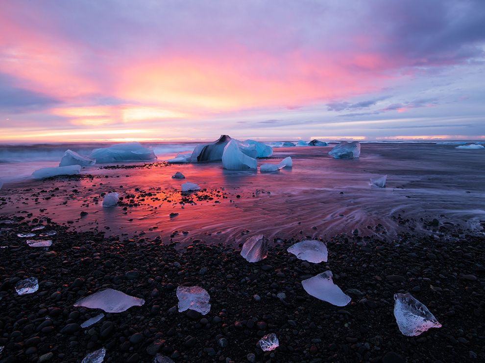 23 Early to Rise. Photograph by Hardik Desai. “The place has its unique appeal,” Your Shot member Hardik Desai writes of Iceland’s Jökulsárlón glacier lagoon. “Dawn happens two hours before sunrise, and the sunrise colors usually last almost 90 minutes if there are no clouds.” A day after scouting out the location, Desai drove 30 minutes to arrive at the lagoon in time to capture the sunrise, hoping for exactly this result.