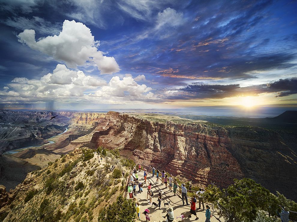 21 A Day on the South Rim. Visitors take in the spectacular expanse of the Grand Canyon. In order to make this image, photographer Stephen Wilkes was positioned in the Desert View Watchtower on the canyon’s South Rim. He made 2,282 photos over 27 hours, then digitally combined some of them to create this panoramic scene. Photograph by Stephen Wilkes.