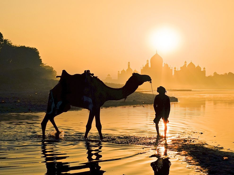 9 "Morning's Golden Glow". Photograph by Yaman Ibrahim. Two visitors wade in the Yamuna River in Agra, India. The city of Agra is best known as the location of the iconic Taj Mahal, awash in the brilliant light of morning in the background.