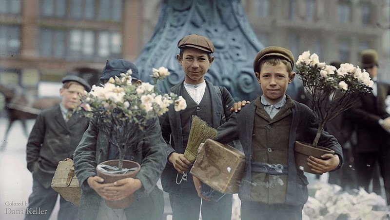17 Boys who bought Easter flowers on Union Square in New York City, April 1908. Photograph by Dana Keller.